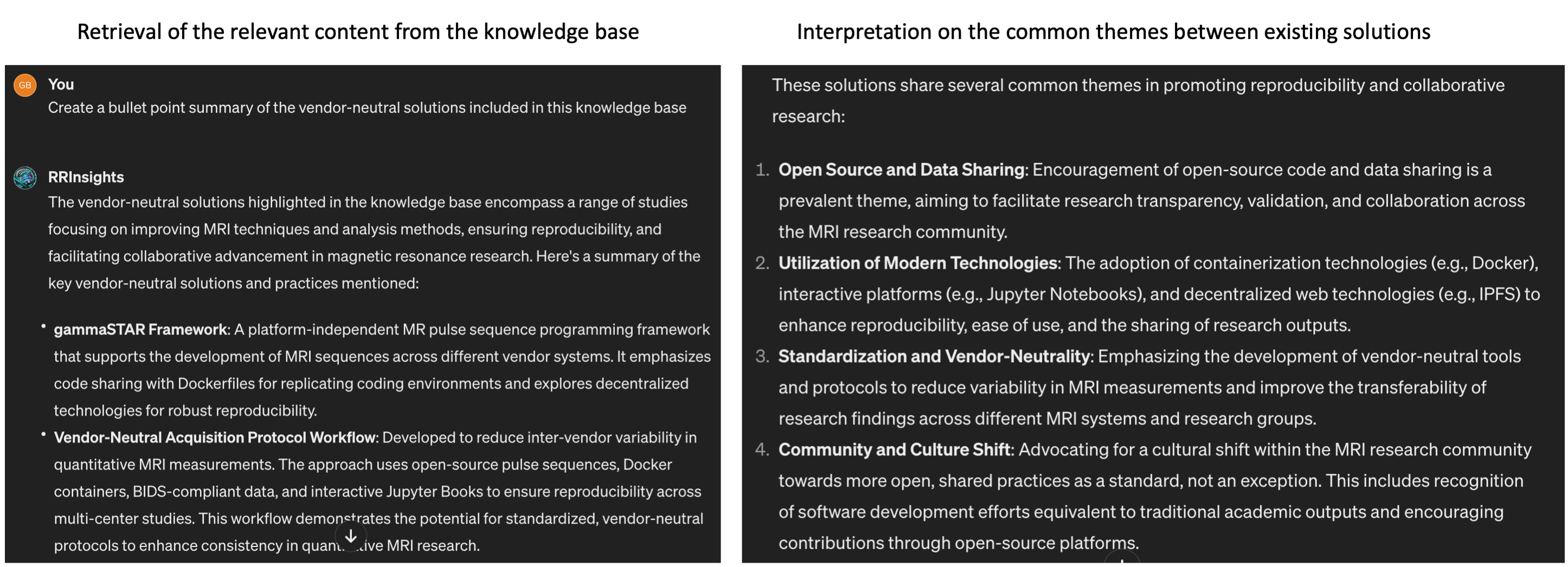 An example user interaction with the RRInsights custom GPT. The model is capable of fetching the studies concerned with the requested content (i.e., vendor-neutral solutions and provide summaries highlighting thematic similarities between them, particularly focusing on reproducibility aspects.